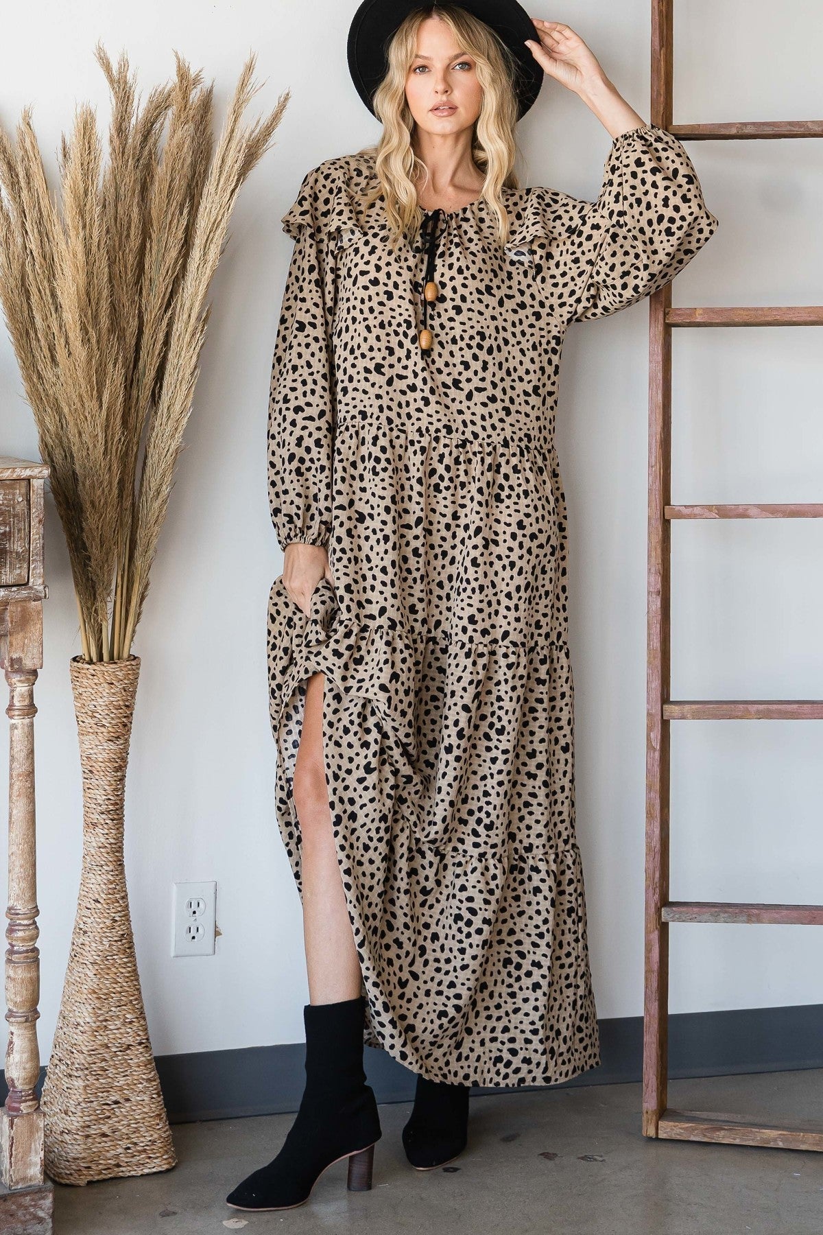 Bohemian Long Sleeve Maxi Dress in Black/Mocha