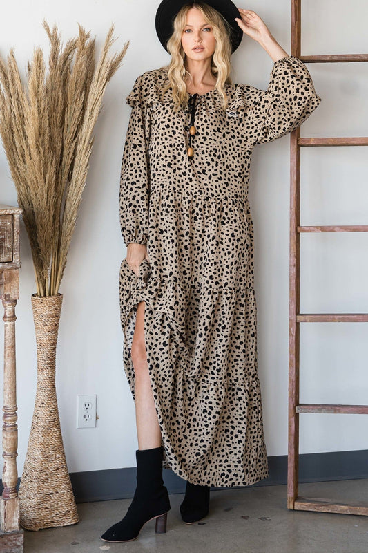Bohemian Long Sleeve Maxi Dress in Black/Mocha