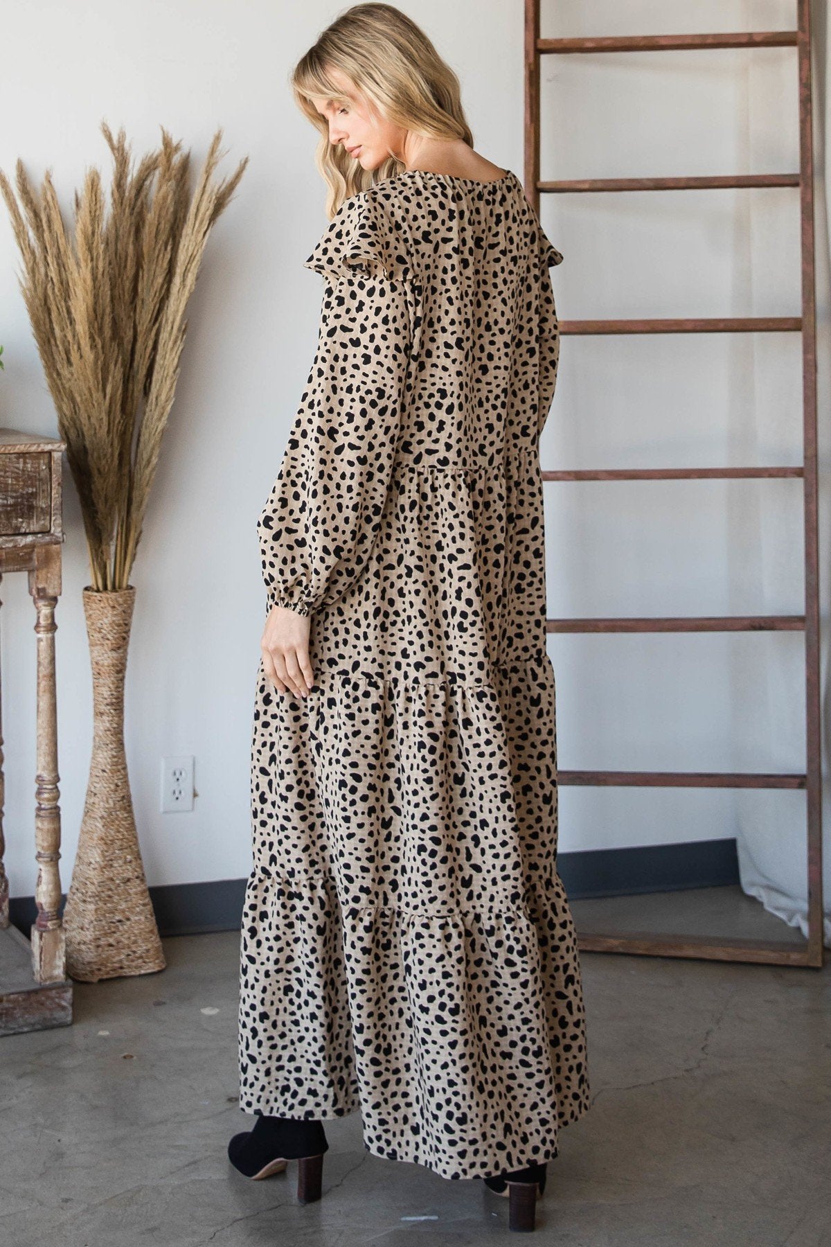 Bohemian Long Sleeve Maxi Dress in Black/Mocha