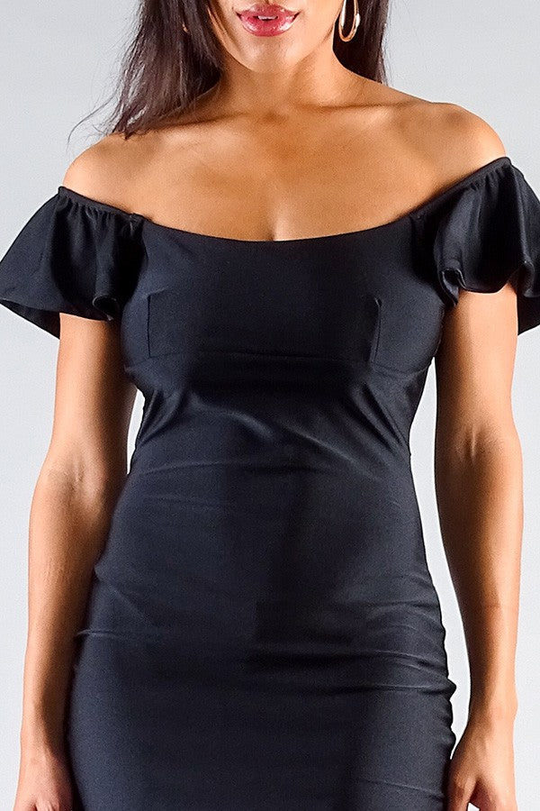 Off Shoulder Ruffle Sleeve Bodycon Mini Dress Black