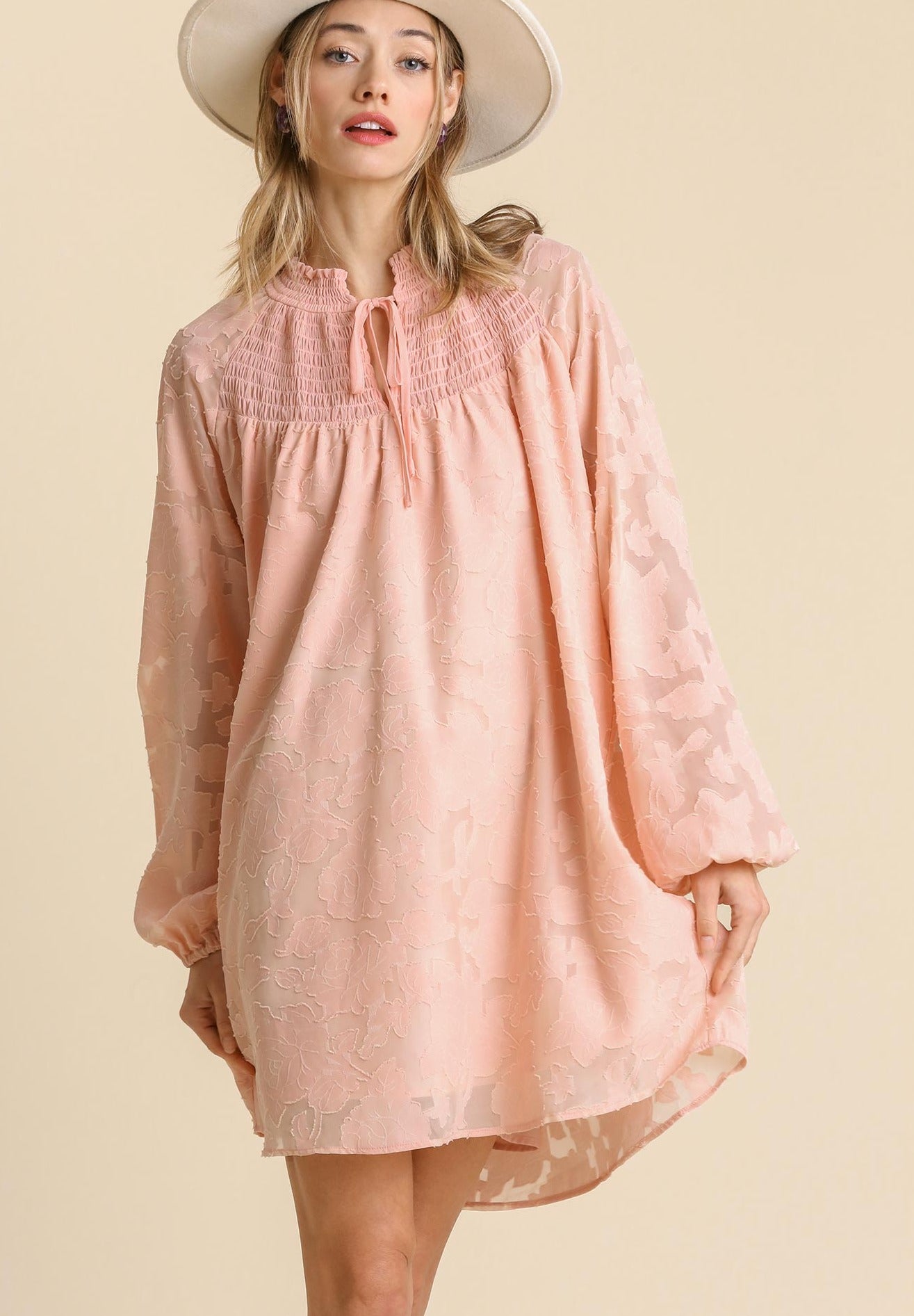 Jacquard Raglan Smocked Tie Neck Yoke Dress, Blush