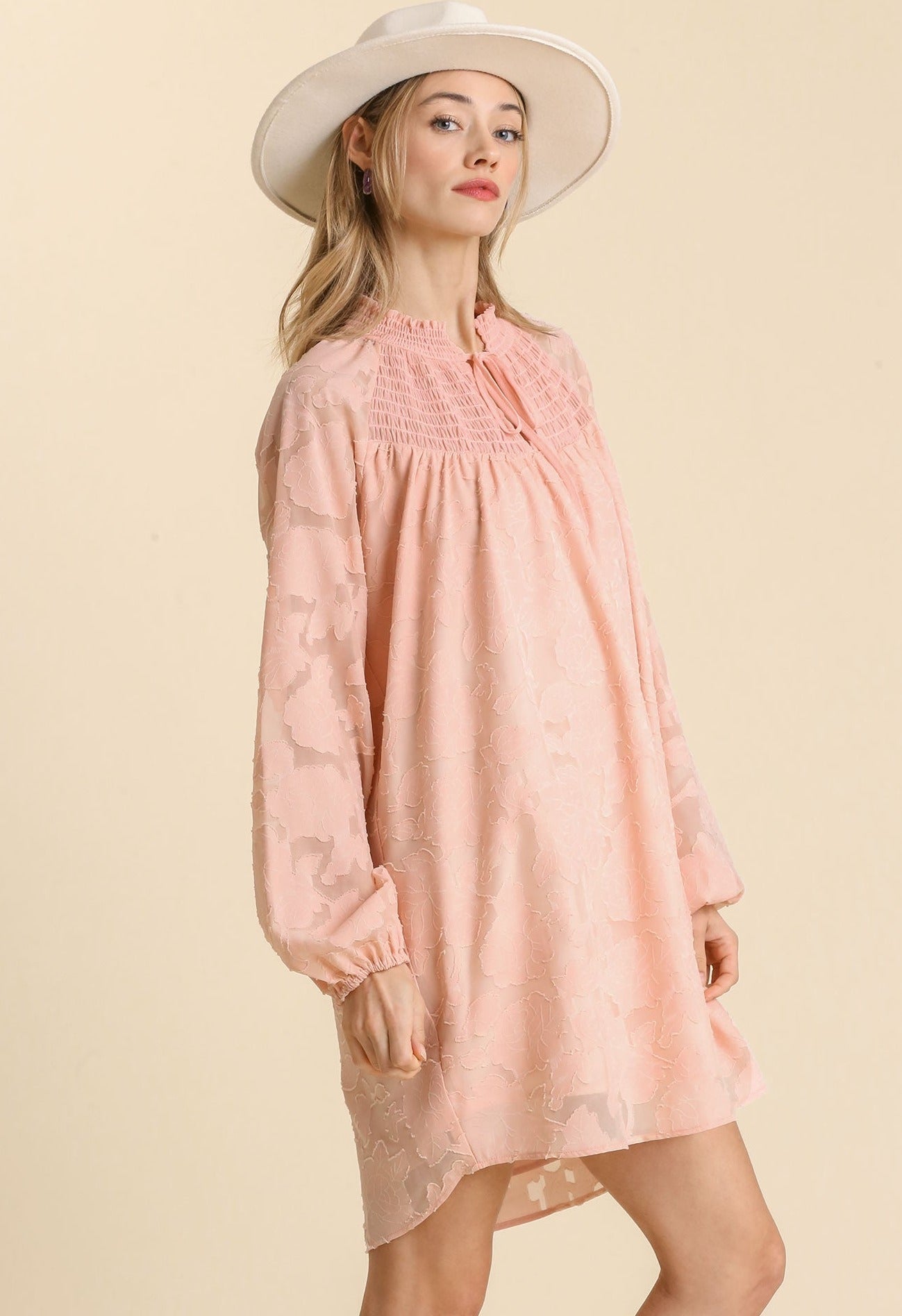 Jacquard Raglan Smocked Tie Neck Yoke Dress, Blush