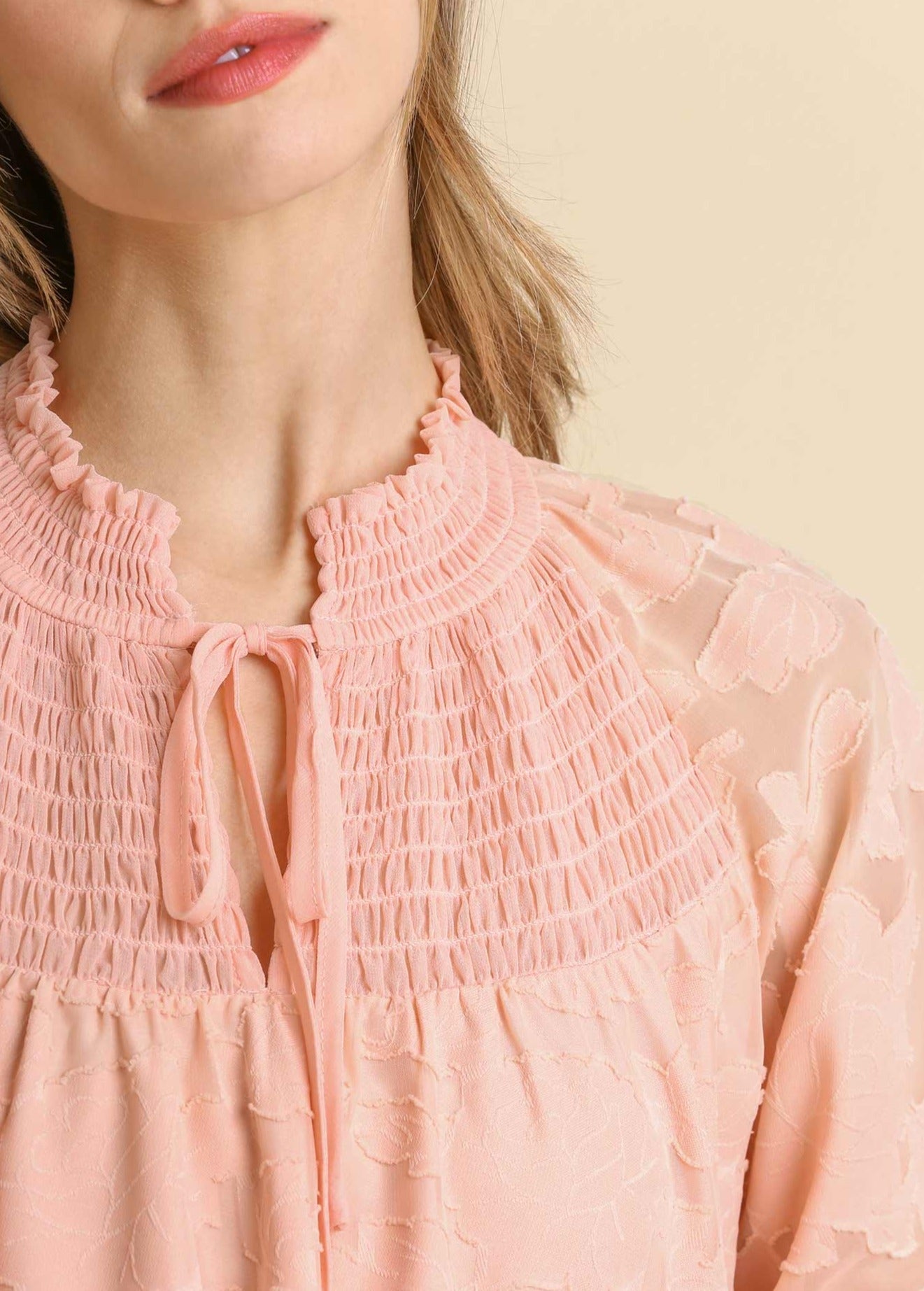 Jacquard Raglan Smocked Tie Neck Yoke Dress, Blush