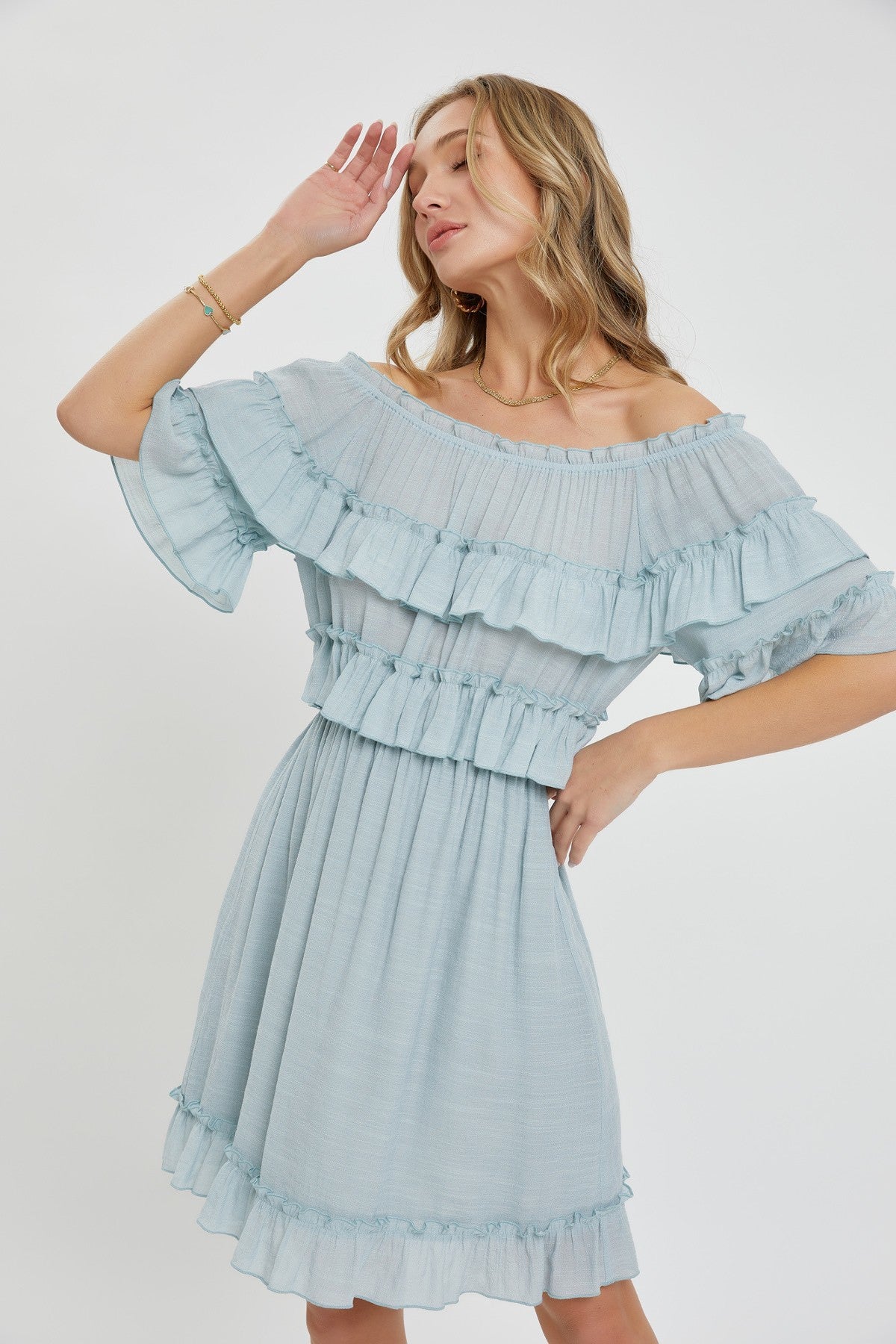 Misty Blue Off Shoulder Ruffle Knee Length Dress