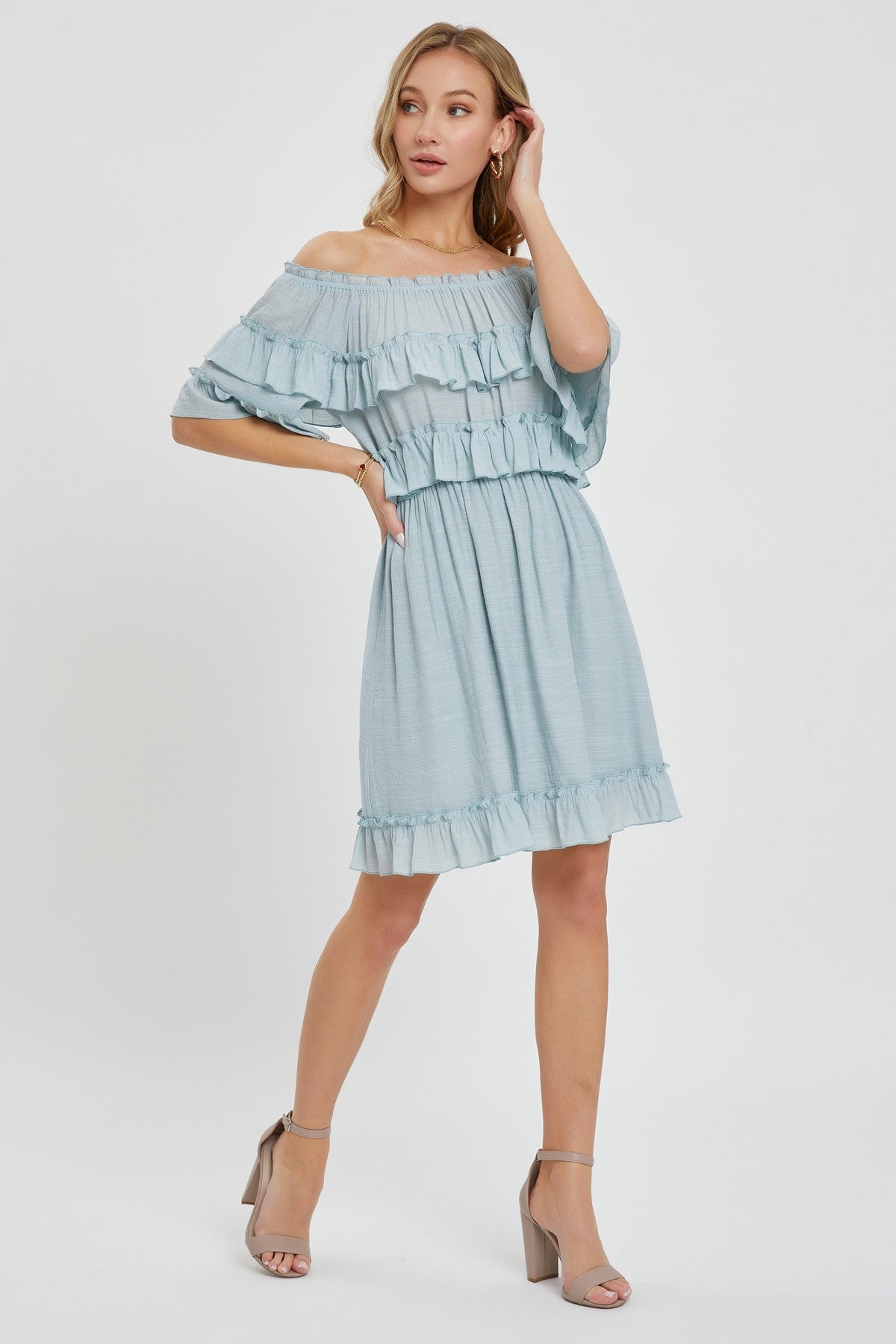 Misty Blue Off Shoulder Ruffle Knee Length Dress
