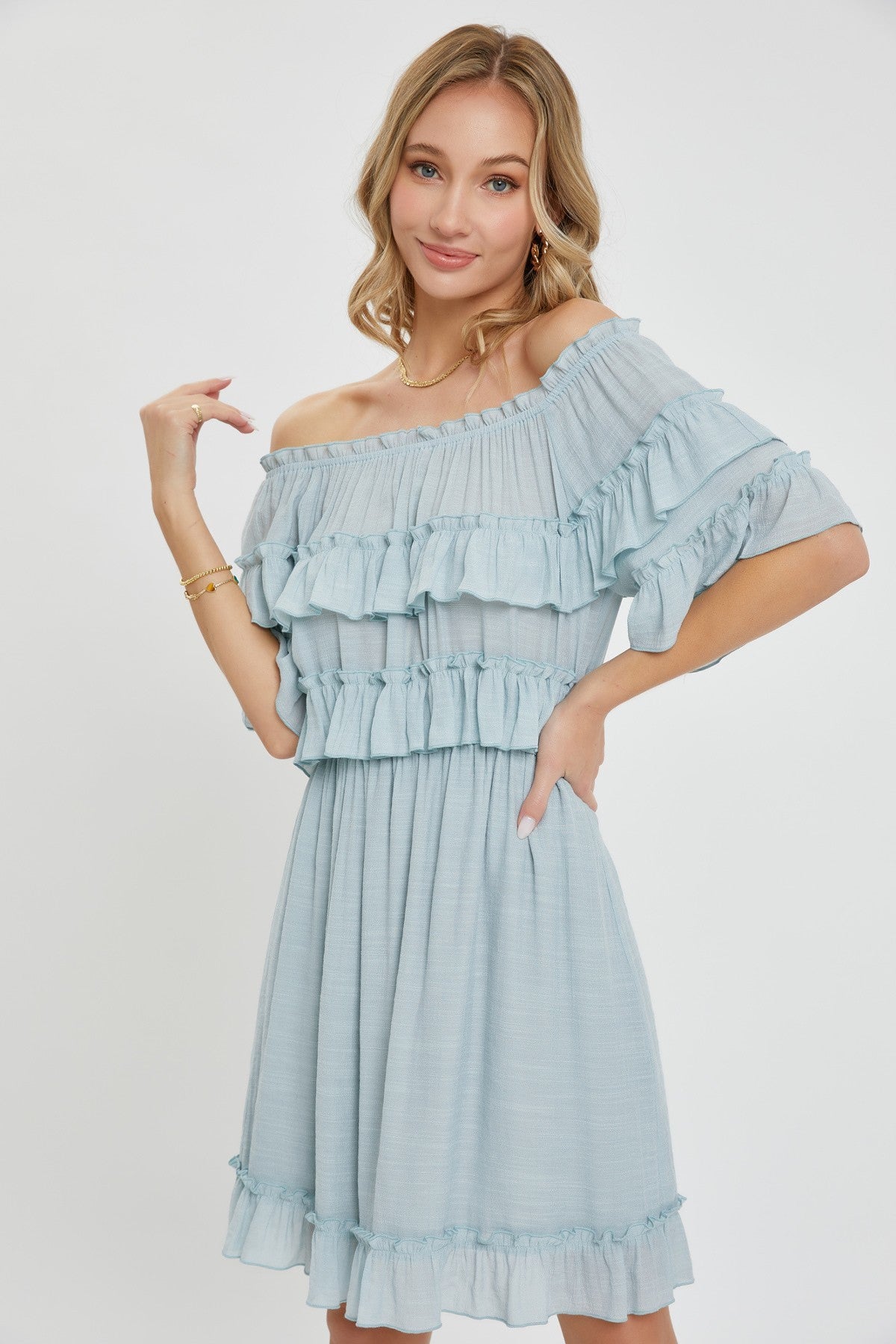 Misty Blue Off Shoulder Ruffle Knee Length Dress