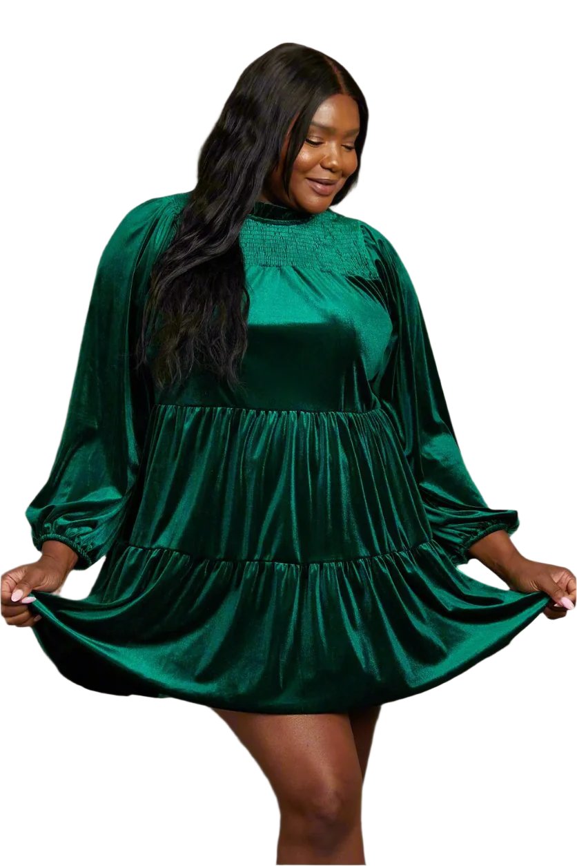 Plus Size 1XL Green Velvet Tiered Mini Dress