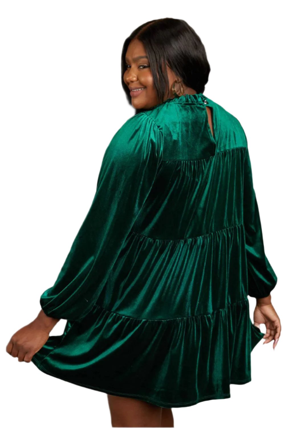 Plus Size 1XL Green Velvet Tiered Mini Dress