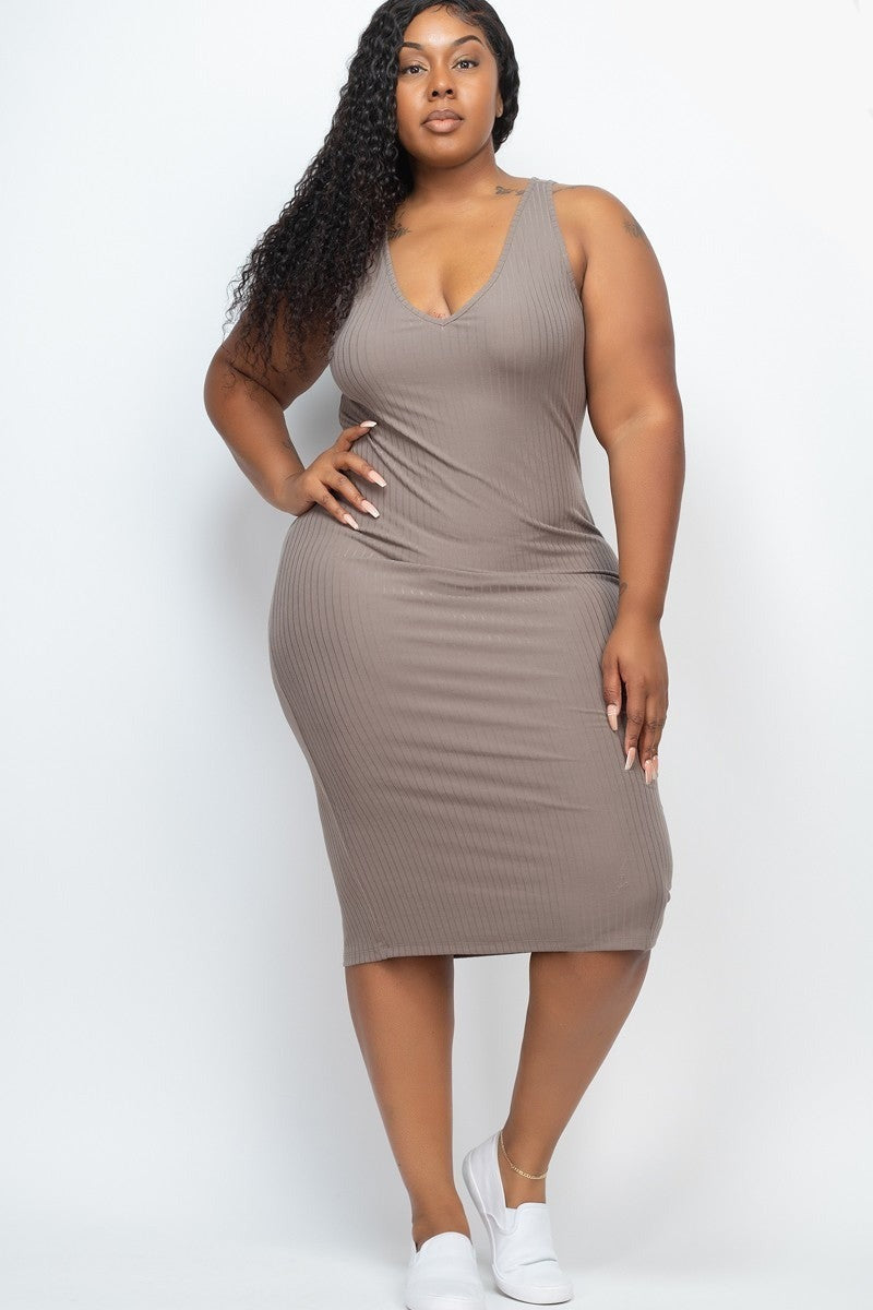 Size 2XL Ribbed V-Neck Front and Back Bodycon Dress, Taupe