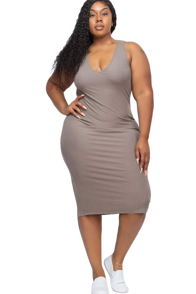 Size 2XL Ribbed V-Neck Front and Back Bodycon Dress, Taupe