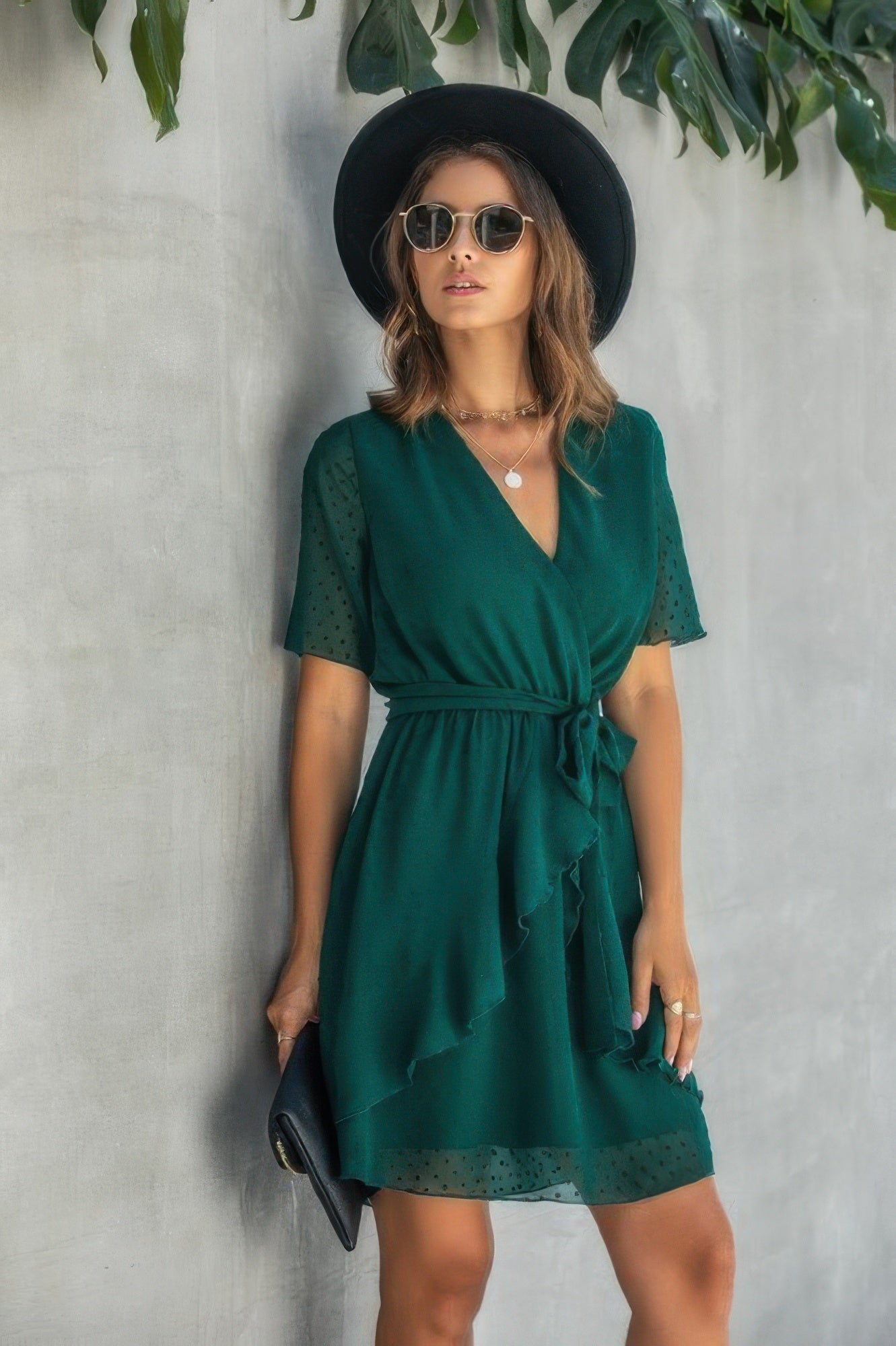 V Neck Ruffled Hem Wrap Above Knee Dress