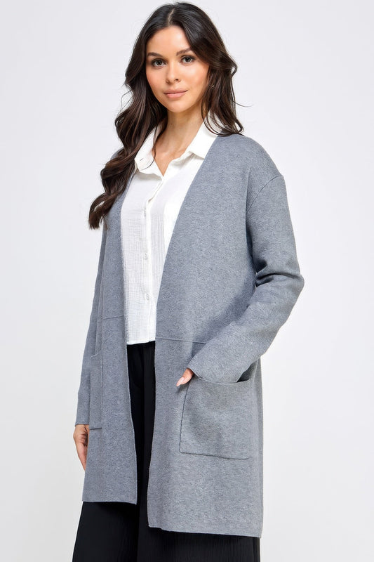 Basic Grey Soft Long Line Open Front Sweater Cardigan