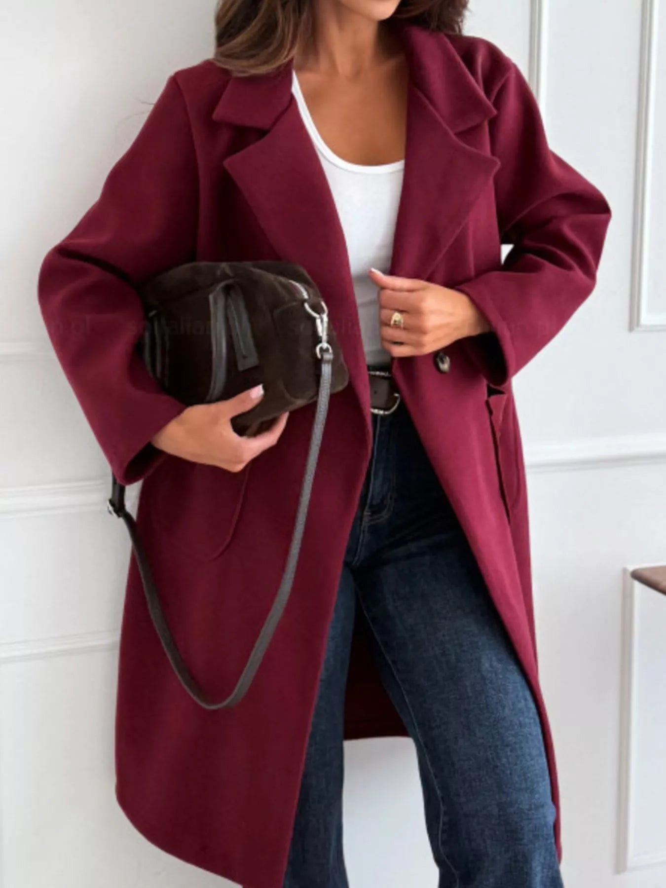 2XL Burgundy Long-Sleeve Single-Breasted Trench Coat