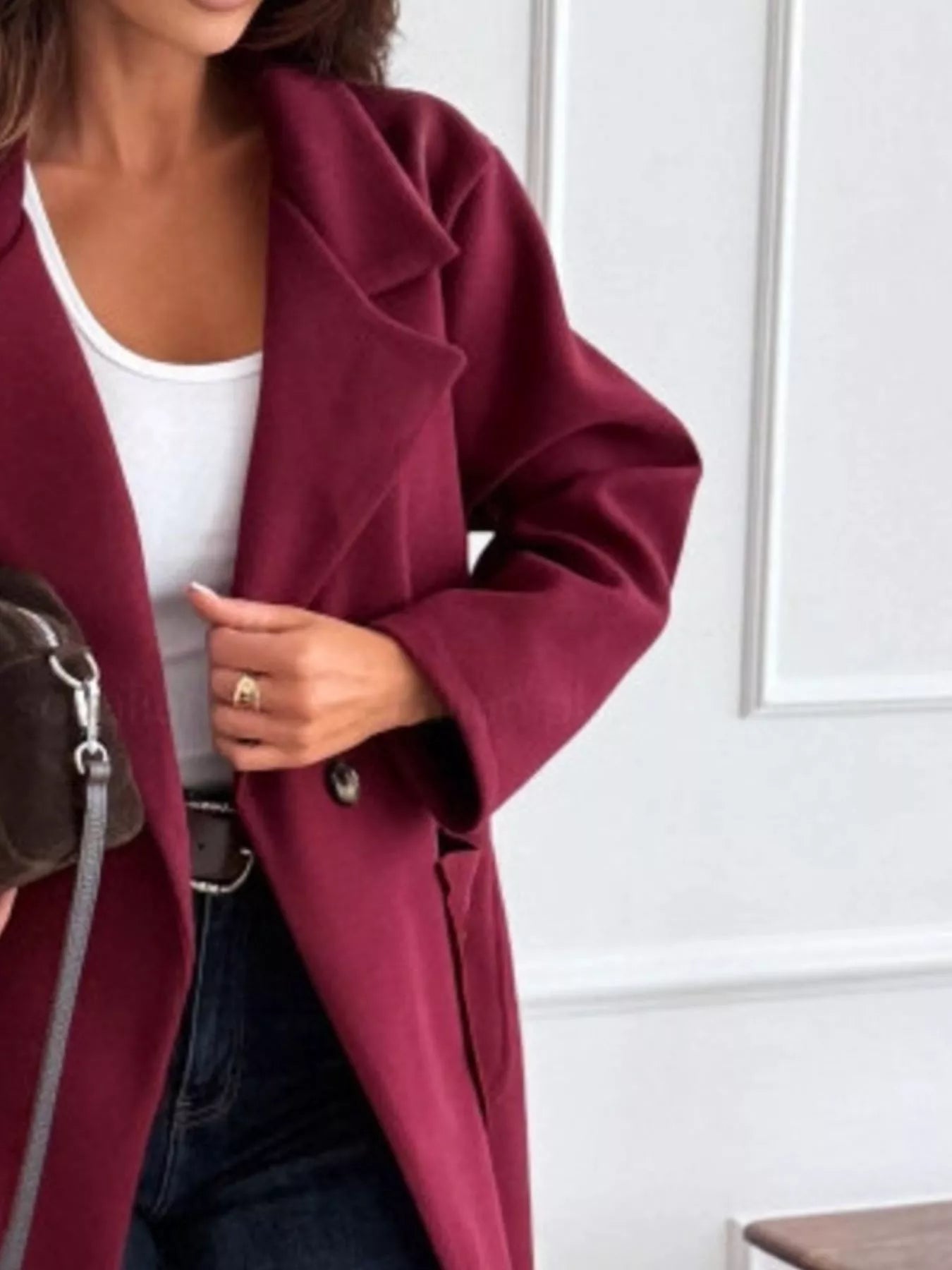 2XL Burgundy Long-Sleeve Single-Breasted Trench Coat