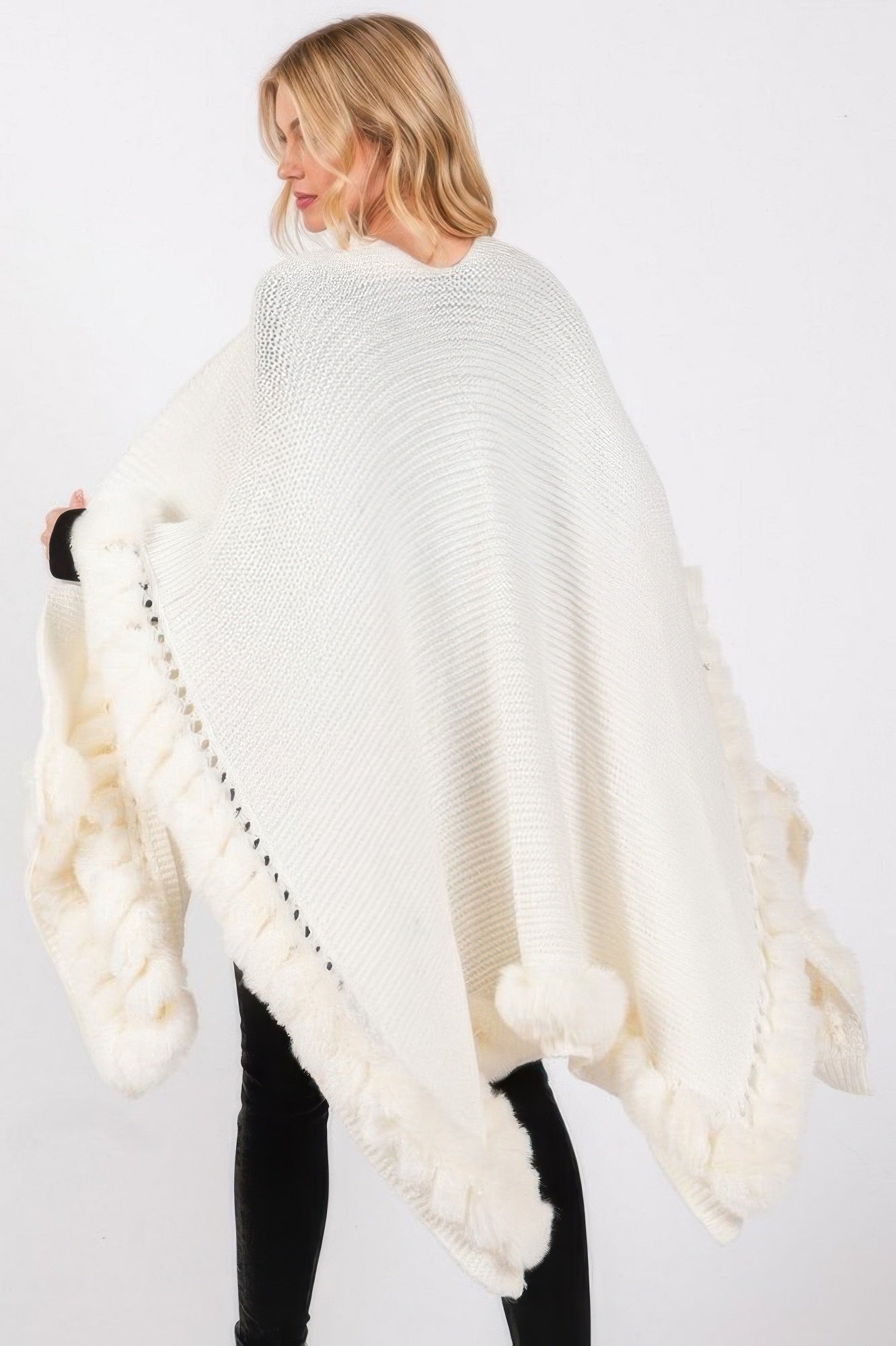 Faux Fur Trim Cape With Closure