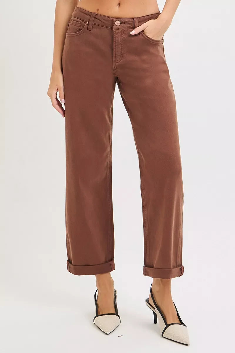 Brown Tummy Control Mid Rise Ankle Barrel Baggy