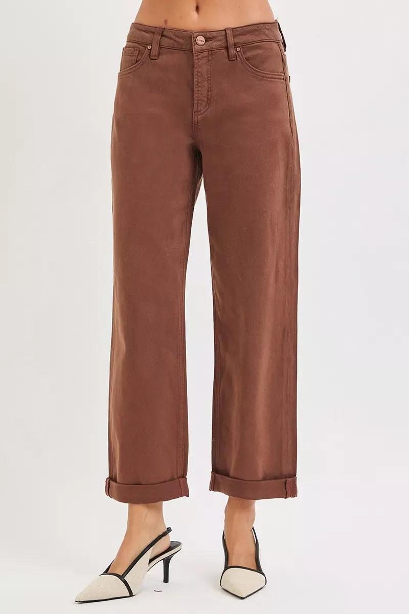 Brown Tummy Control Mid Rise Ankle Barrel Baggy