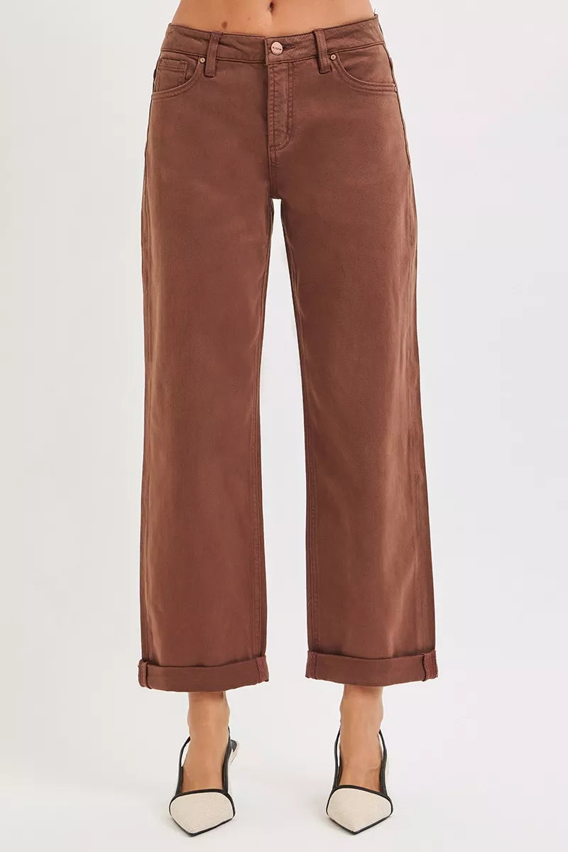 Brown Tummy Control Mid Rise Ankle Barrel Baggy