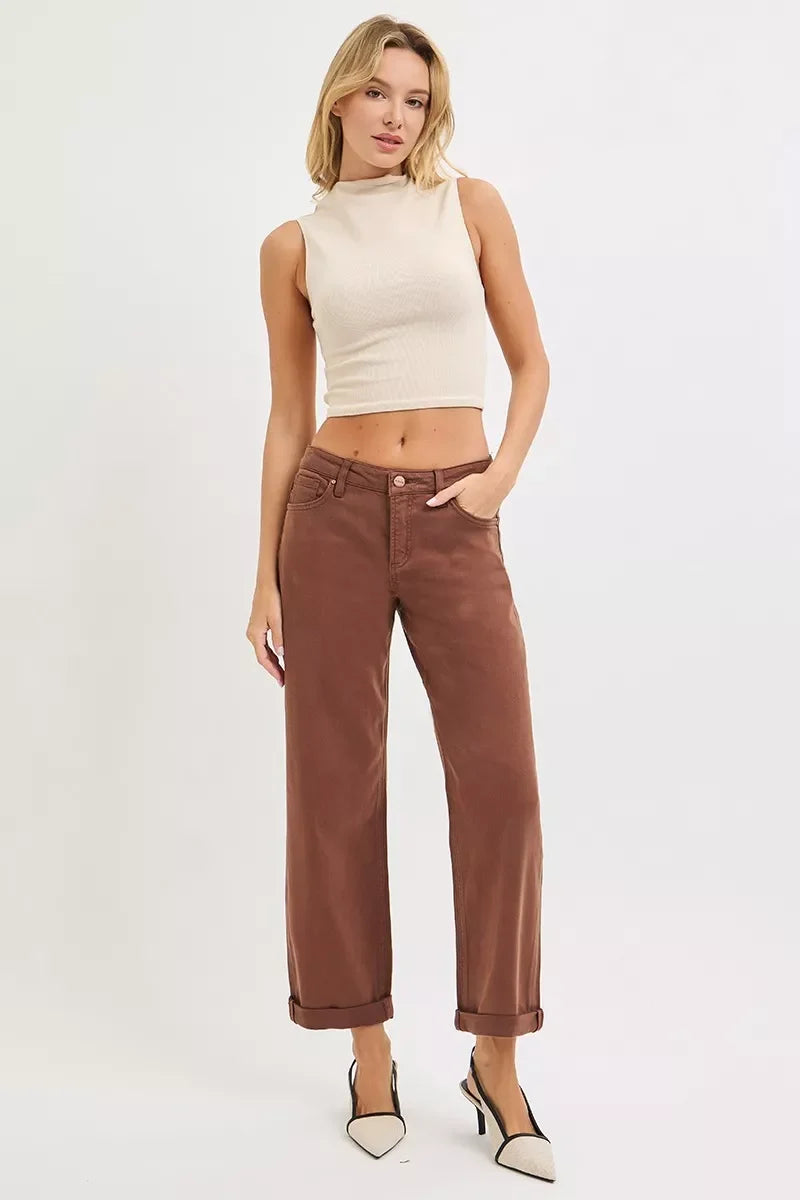 Brown Tummy Control Mid Rise Ankle Barrel Baggy