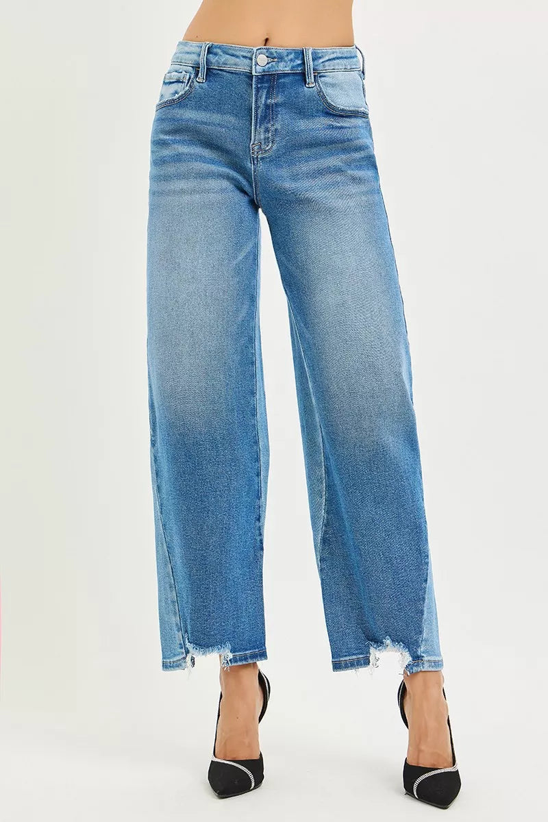 Dark Blue Slouchy Cropped Barrel Jeans with Contrast Wash
