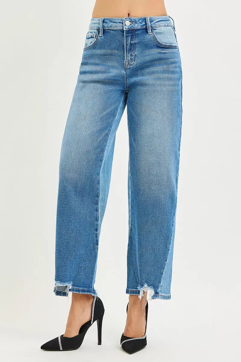 Dark Blue Slouchy Cropped Barrel Jeans with Contrast Wash