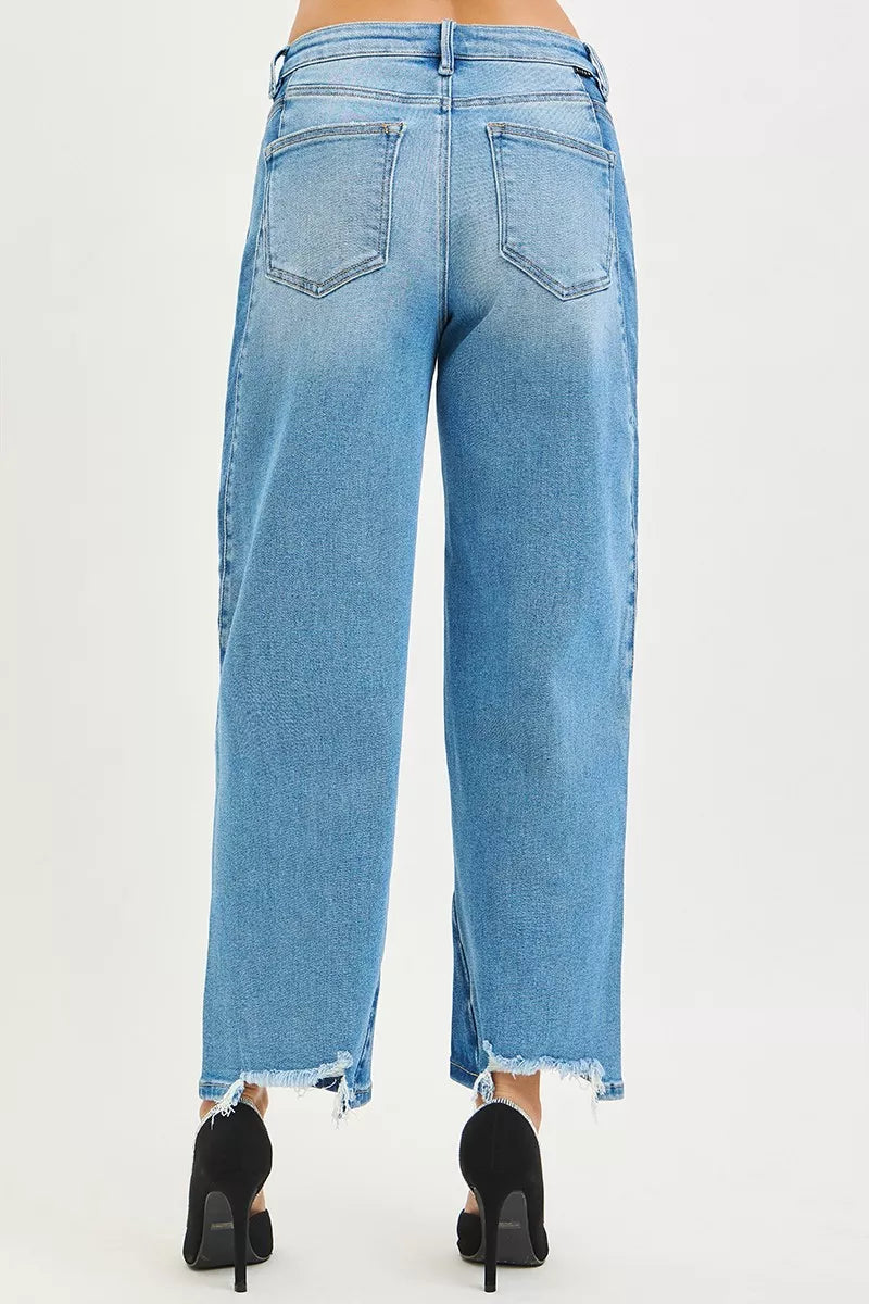 Dark Blue Slouchy Cropped Barrel Jeans with Contrast Wash