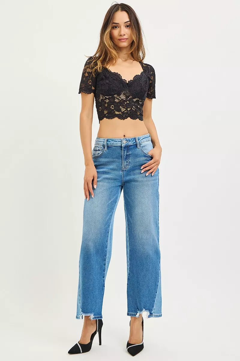 Dark Blue Slouchy Cropped Barrel Jeans with Contrast Wash
