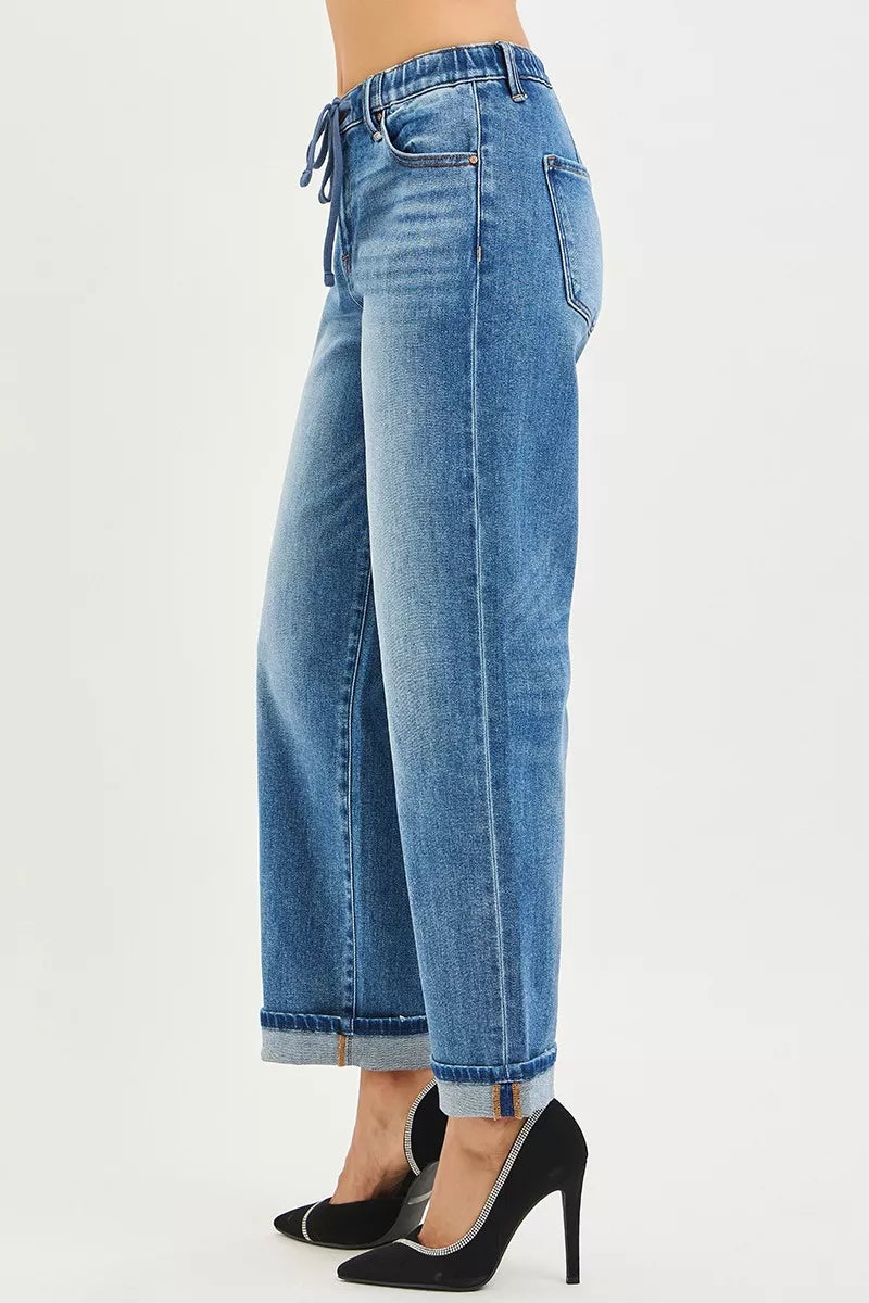 Elastic Band Slouch Ankle Boyfriend Cuffed Hem Blue Jeans