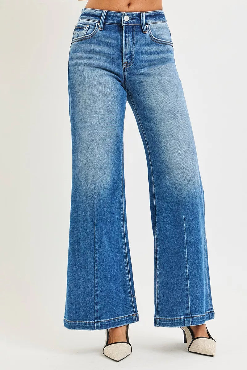Mid Rise Wide Flared Leg Blue Jeans Women's Small to 3XL