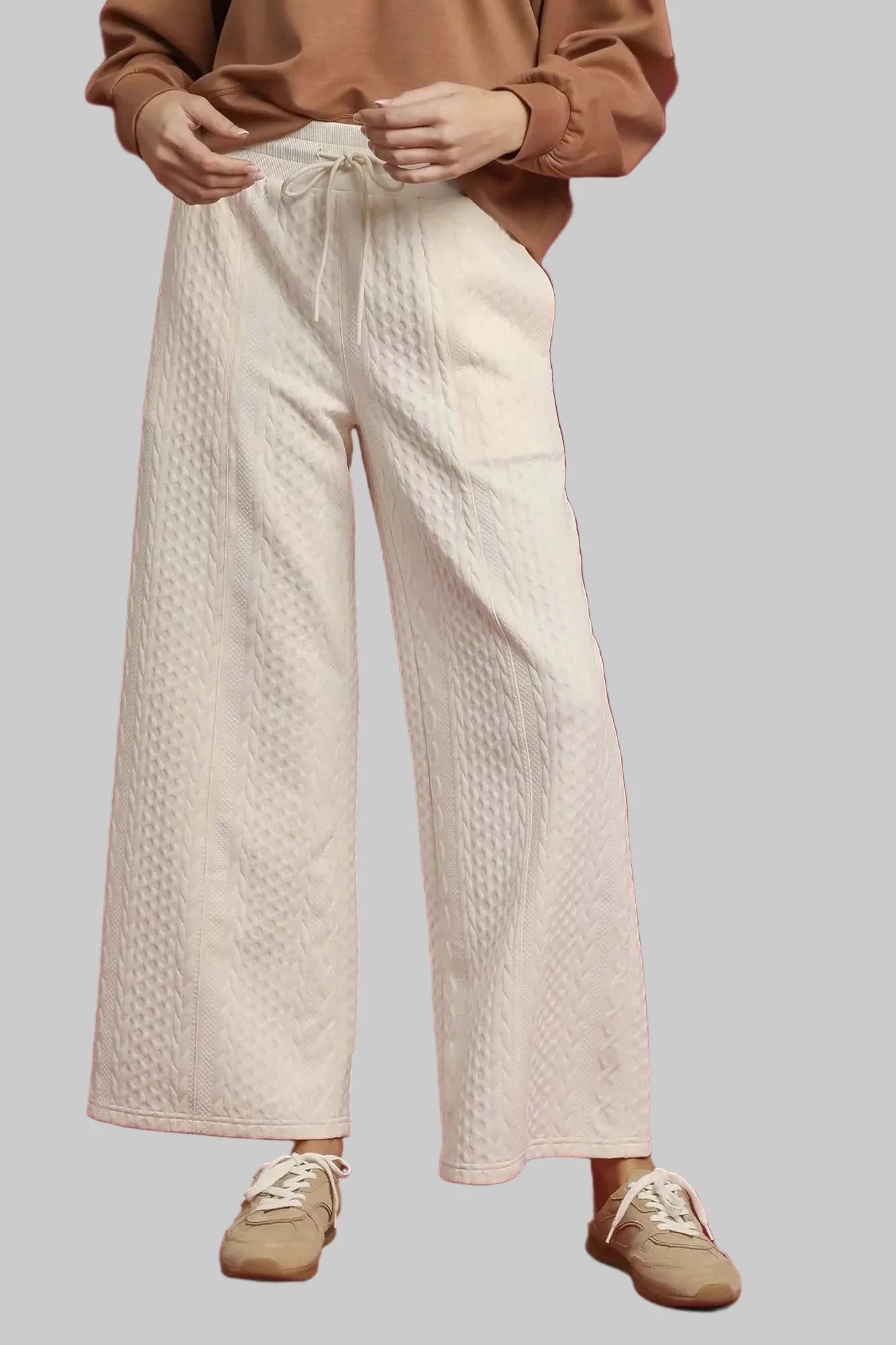 Off White Cable Knit Textured Wide Leg Pants