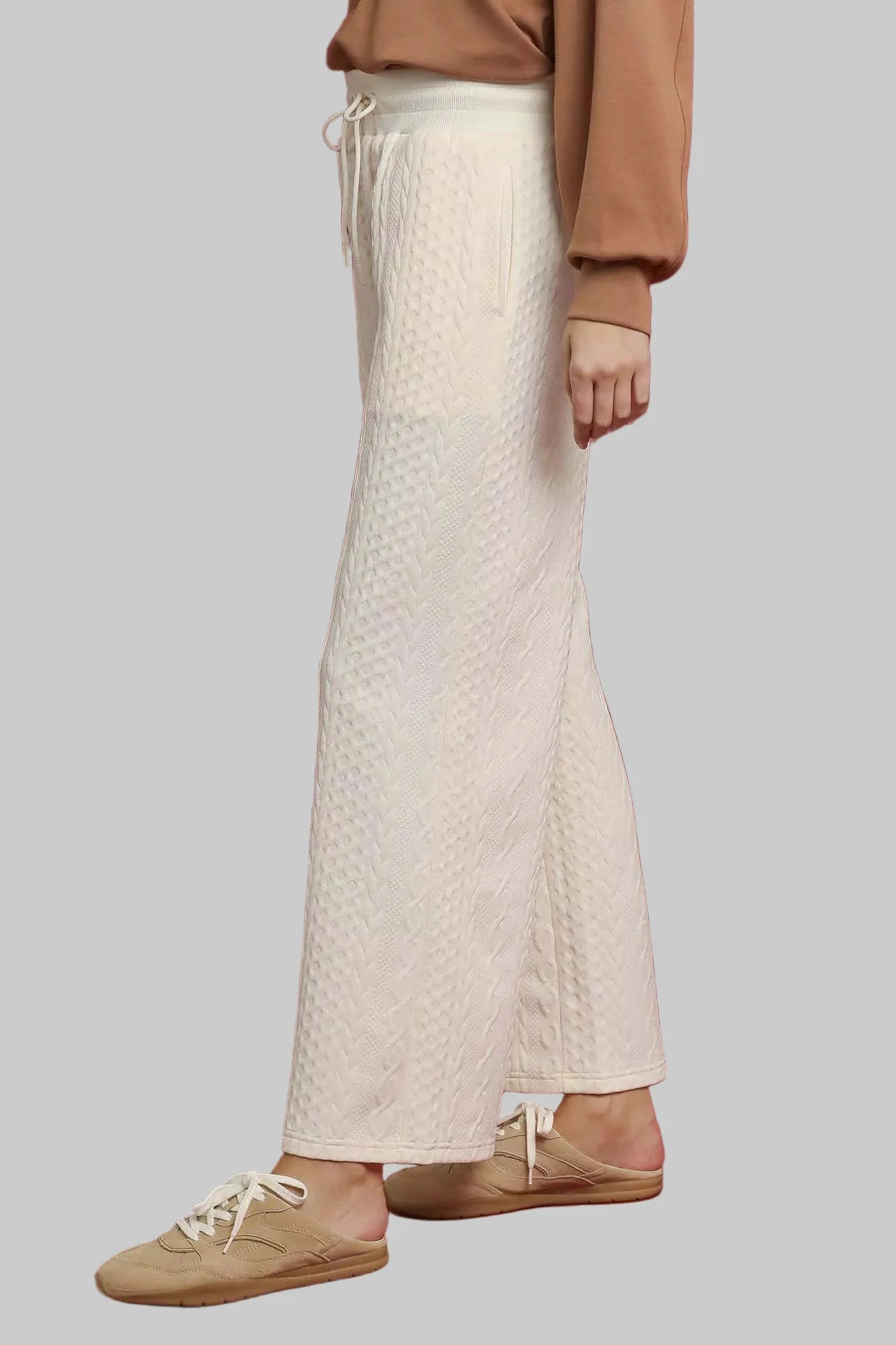 Off White Cable Knit Textured Wide Leg Pants