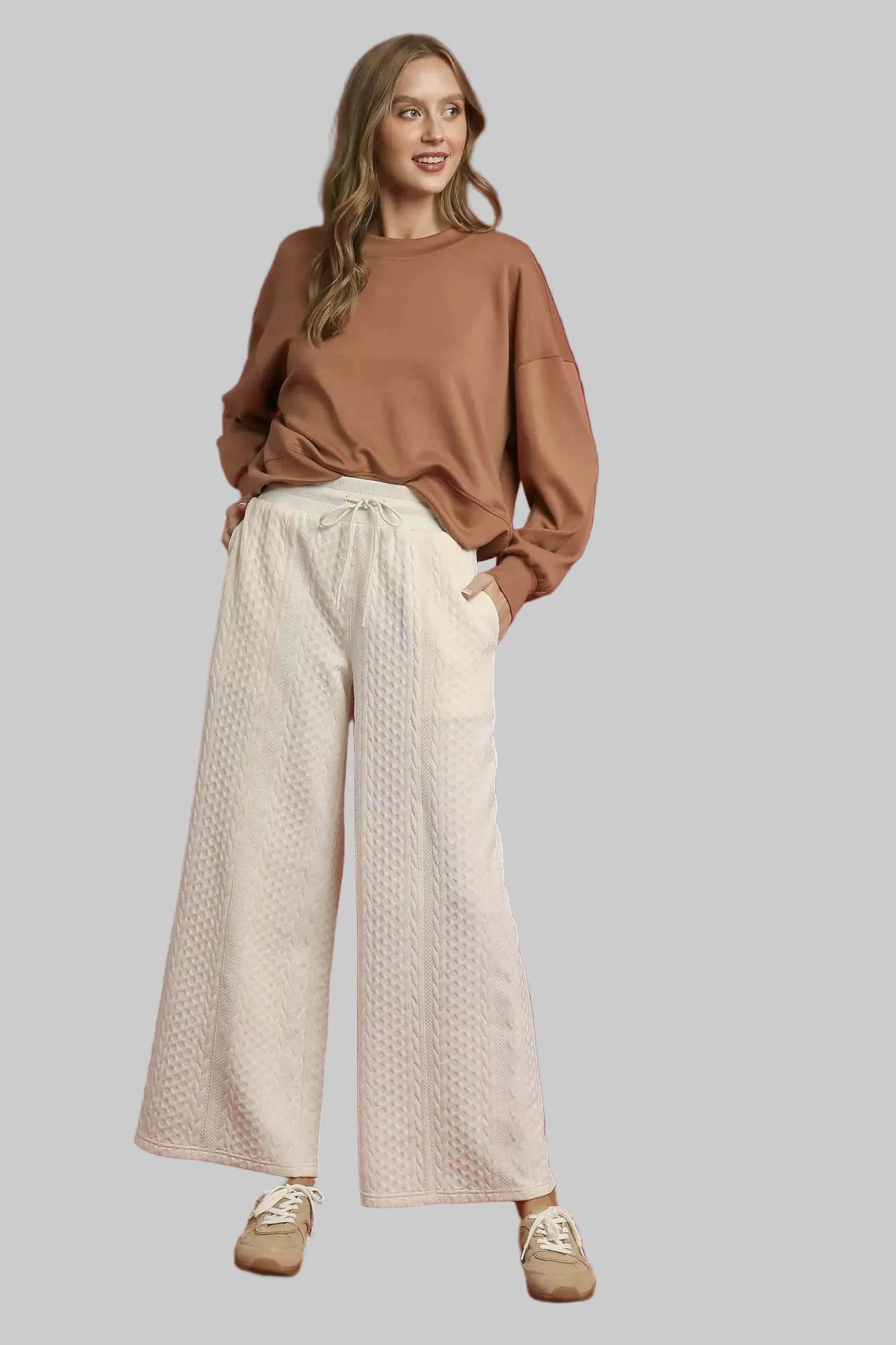 Off White Cable Knit Textured Wide Leg Pants