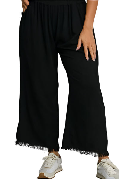 XL Black Linen Blend Elastic Waistband Wide Leg Pants