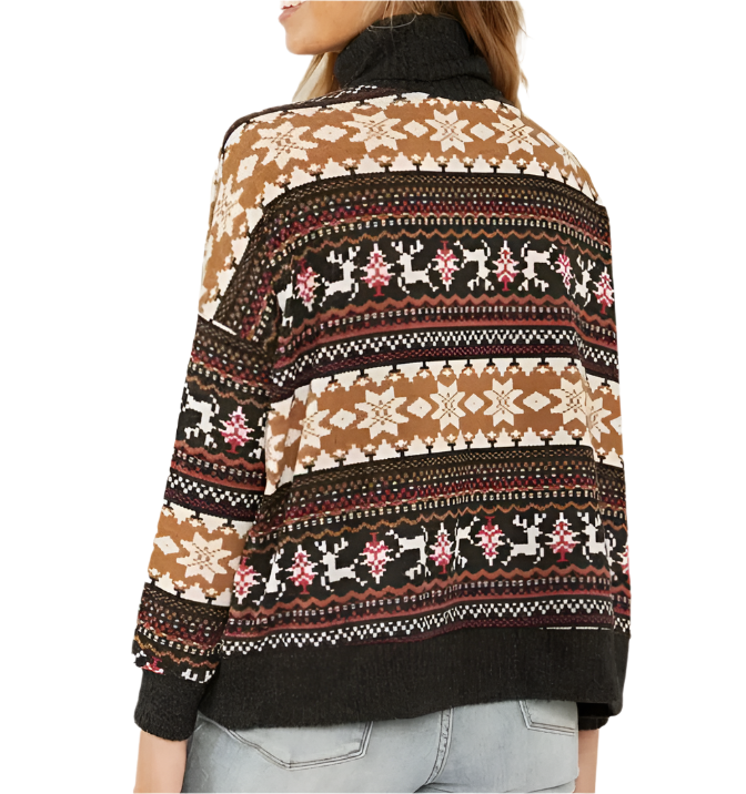 3XL Brown Winter Print Lightweight Turtleneck Sweater