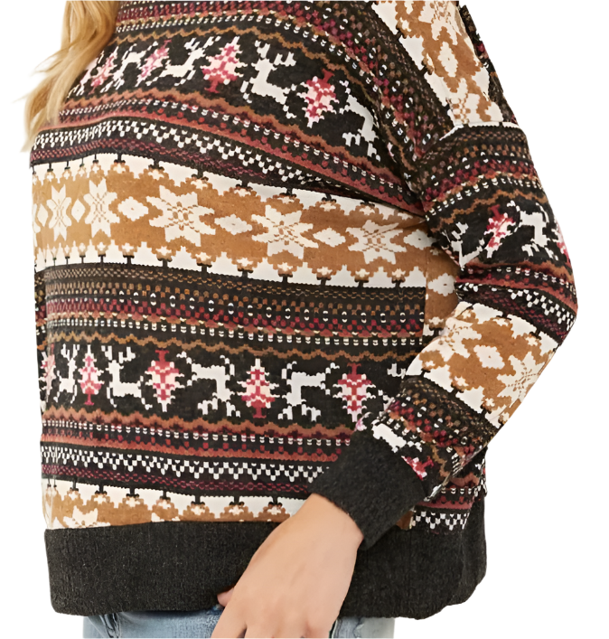 3XL Brown Winter Print Lightweight Turtleneck Sweater
