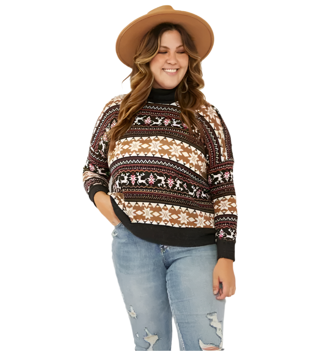 3XL Brown Winter Print Lightweight Turtleneck Sweater