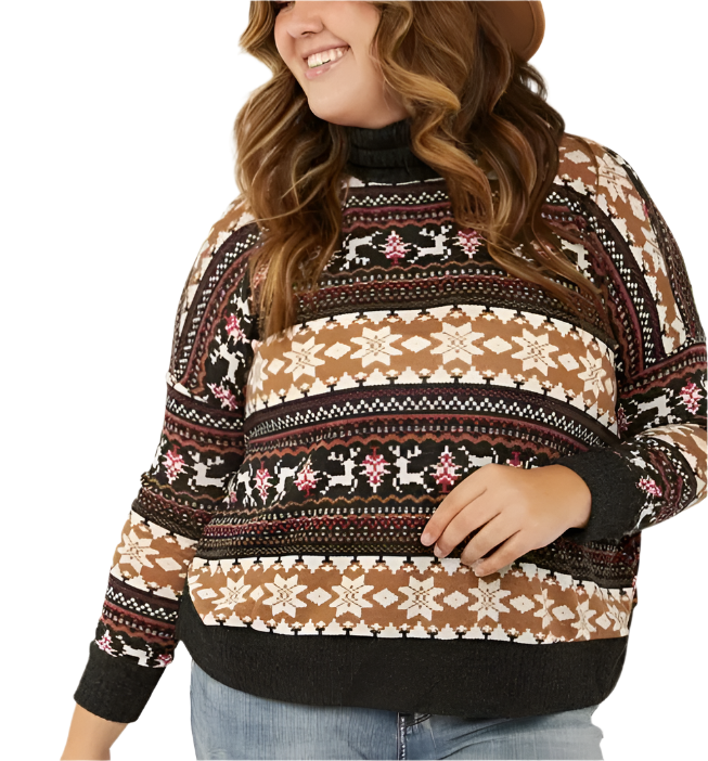3XL Brown Winter Print Lightweight Turtleneck Sweater