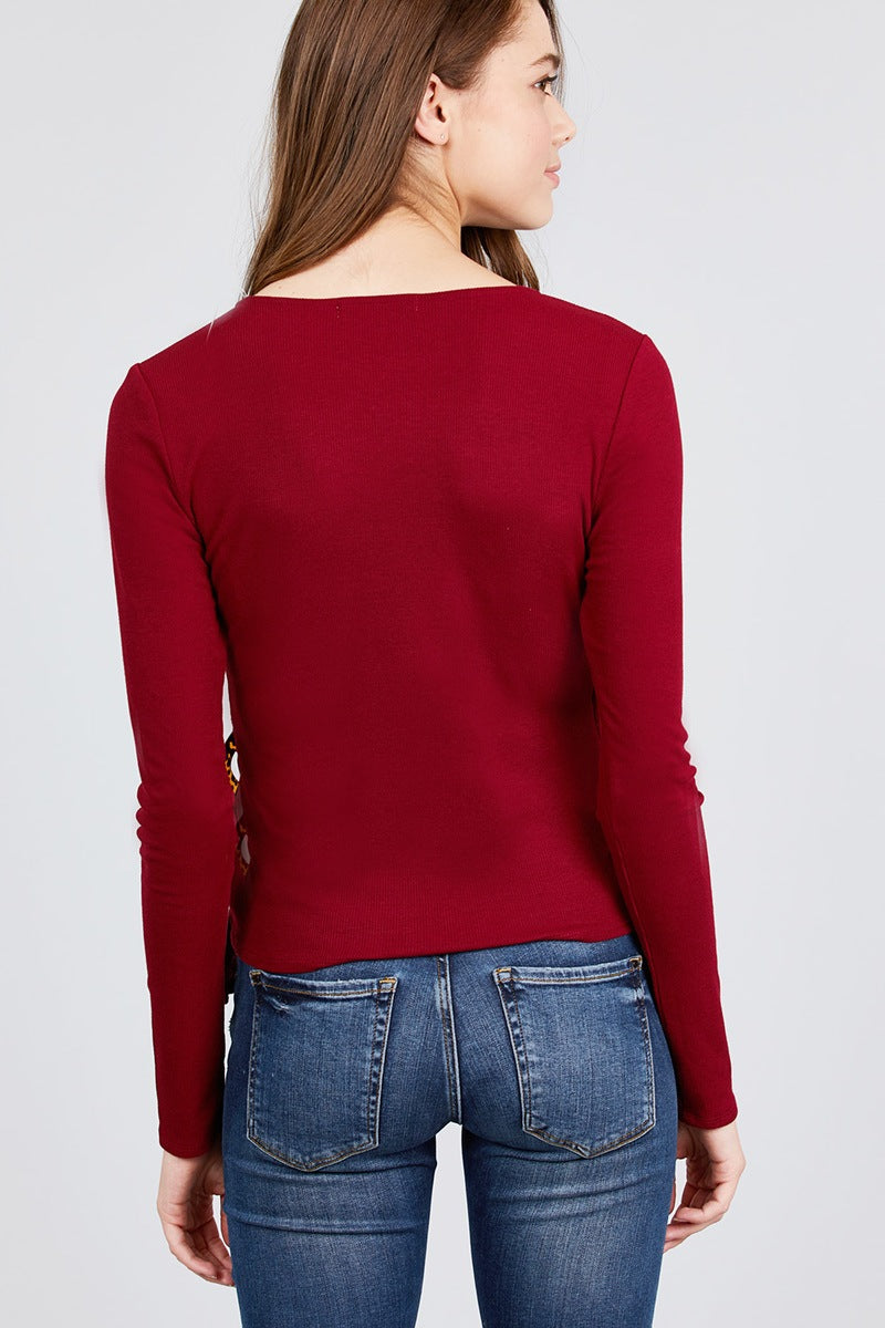Burgundy Side Buckle Detail Rib Knit Top