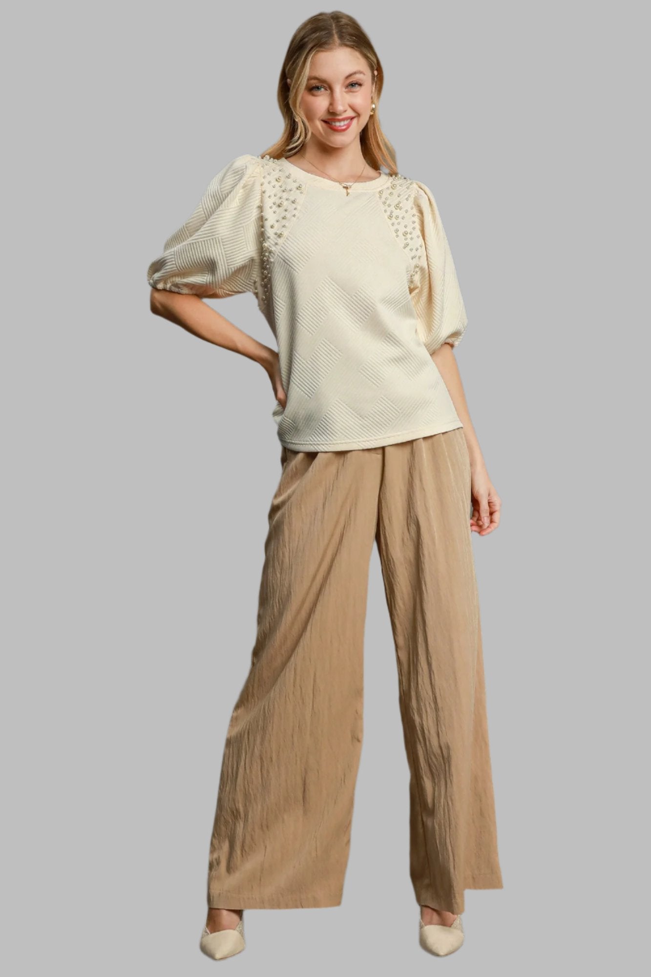 Cream Color Puff Sleeve Knit Top