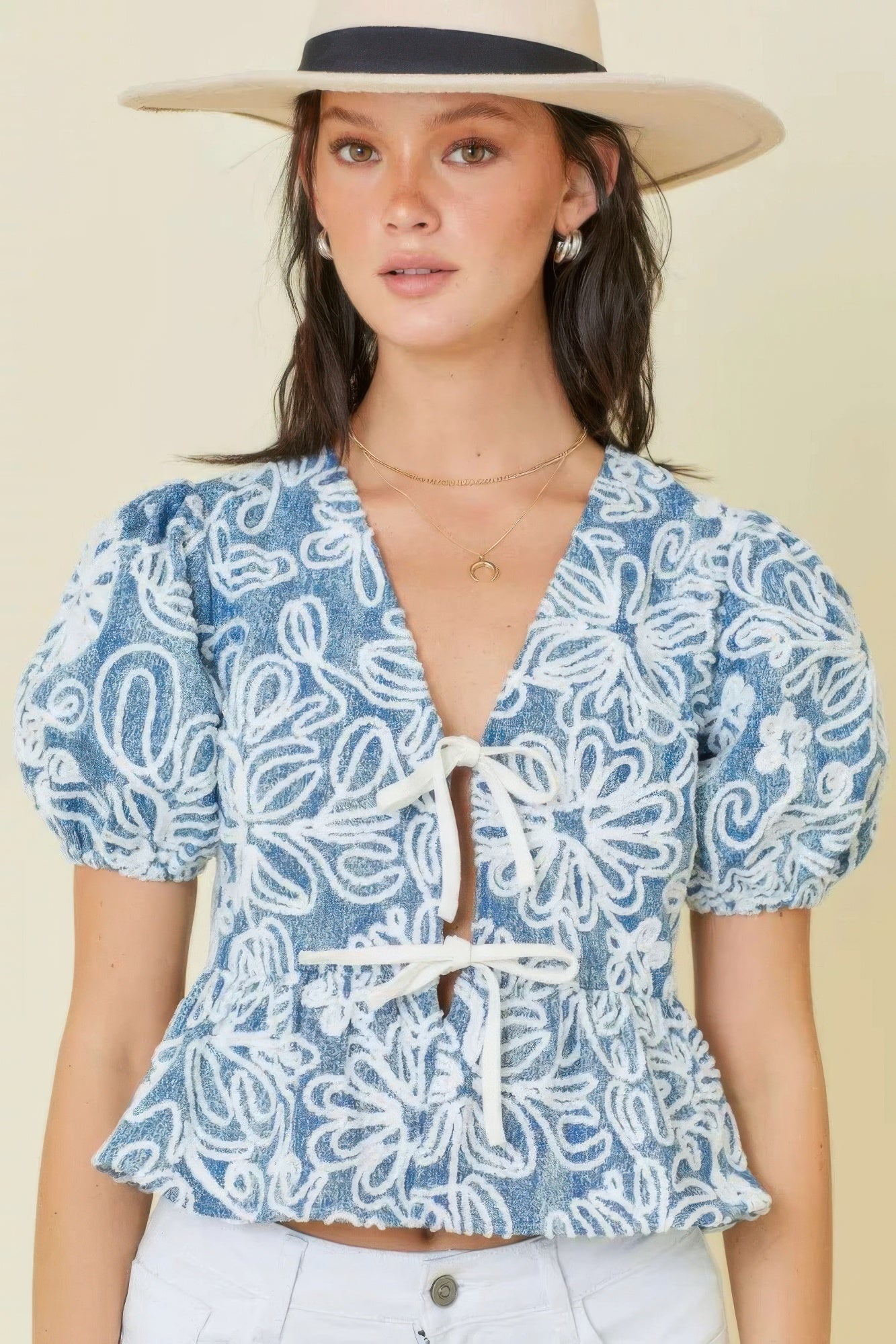 Embroidered Crop Top With Front Tie Detail