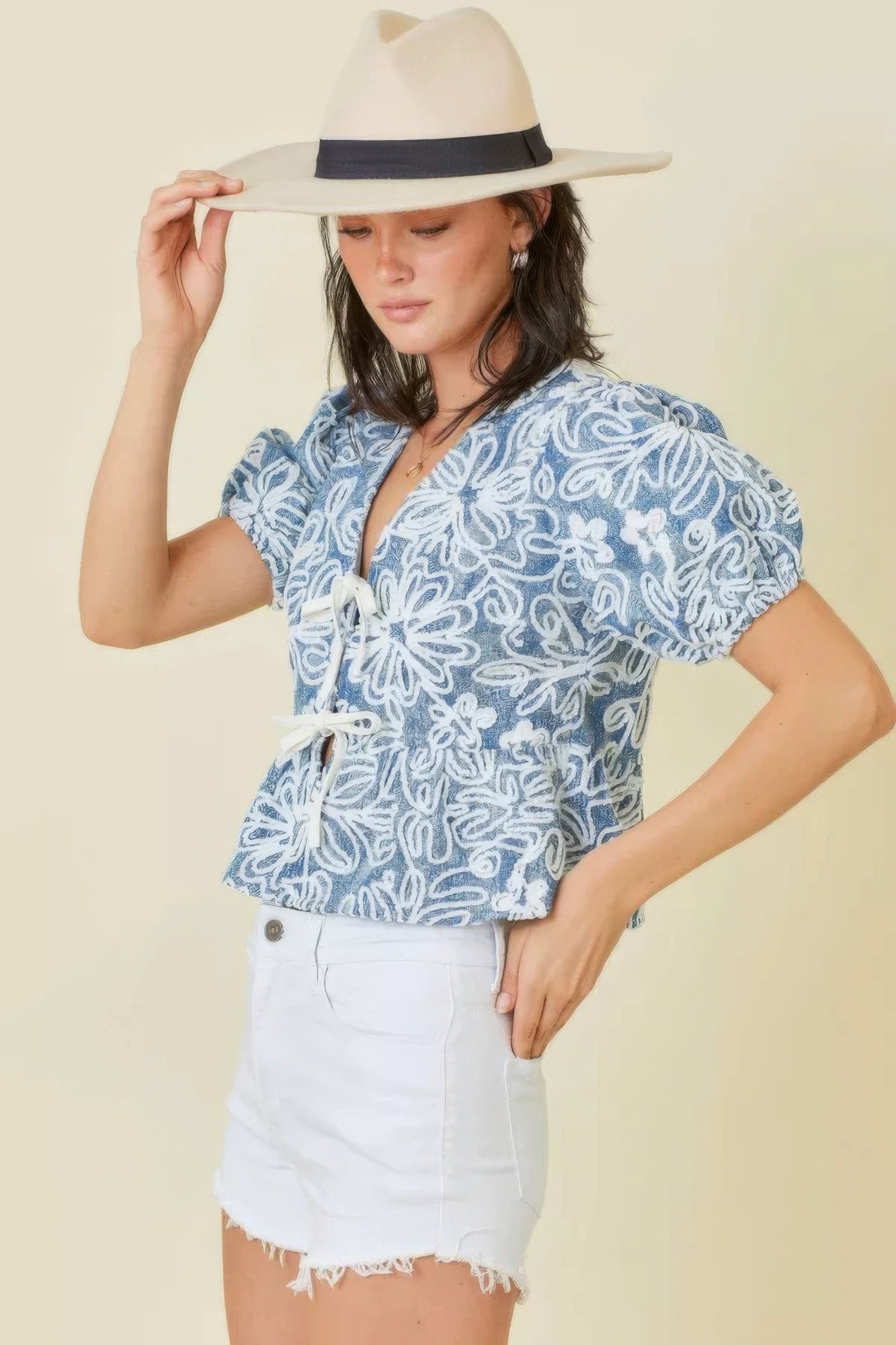 Embroidered Crop Top With Front Tie Detail