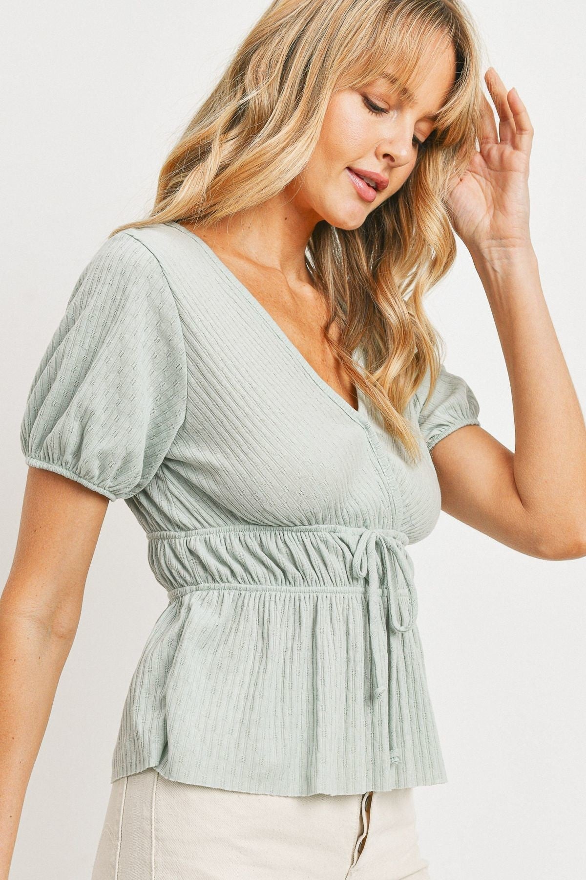 Front Waist Tie Top with Cut Edge Hemline