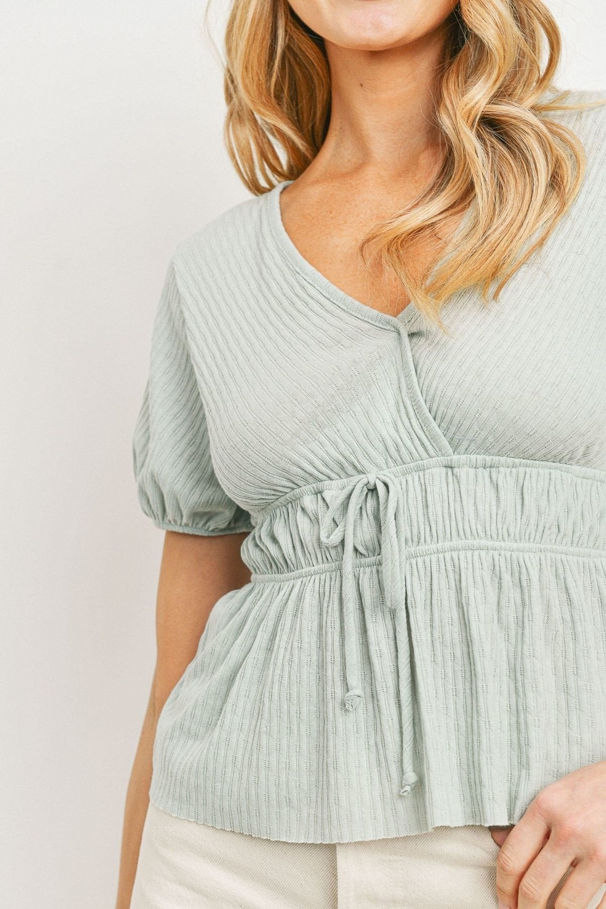 Front Waist Tie Top with Cut Edge Hemline