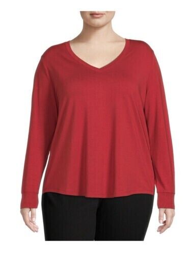 Plus 4XL Red V-Neck Semi Fitted T-Shirt with Long Sleeves