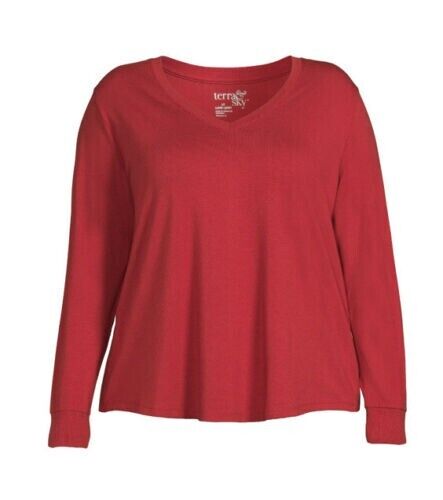 Plus 4XL Red V-Neck Semi Fitted T-Shirt with Long Sleeves
