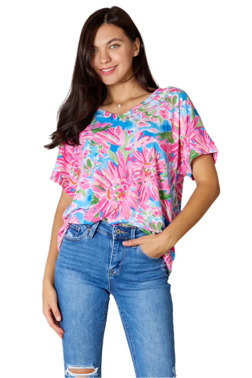 Size Large Pink Floral V-Neck Short Sleeve Blouse