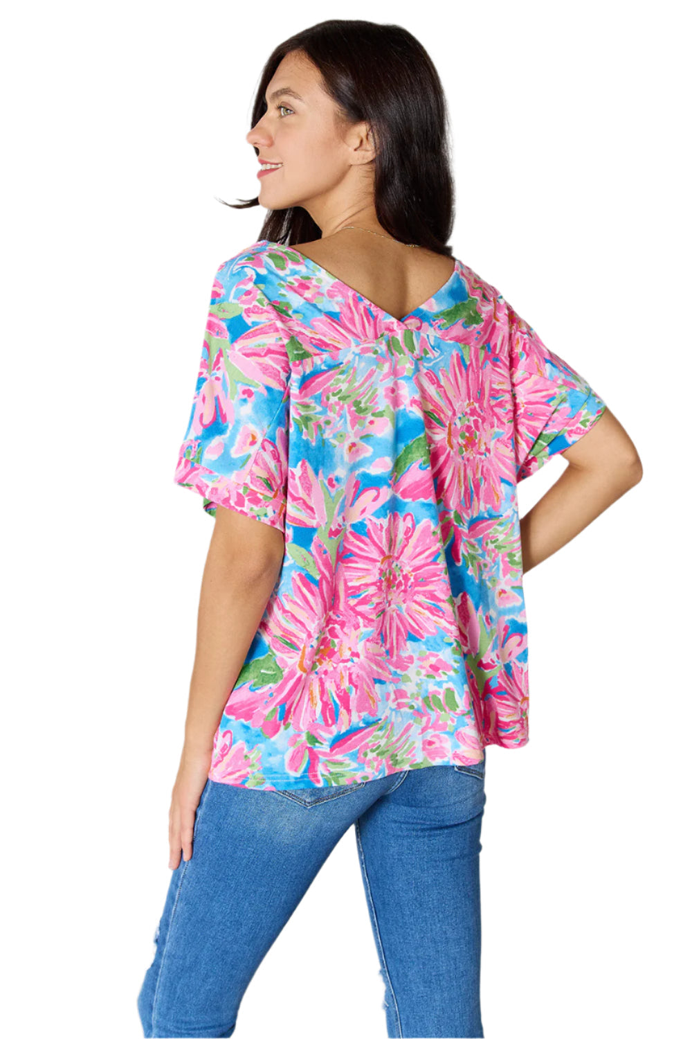 Size Large Pink Floral V-Neck Short Sleeve Blouse