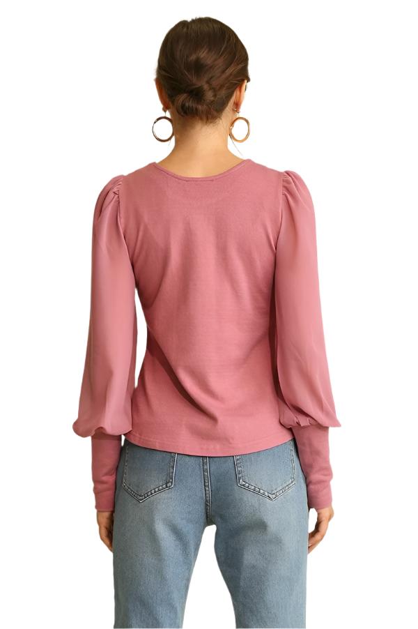 Solid Knit and Chiffon Mixed Top with Puff Long Sleeves