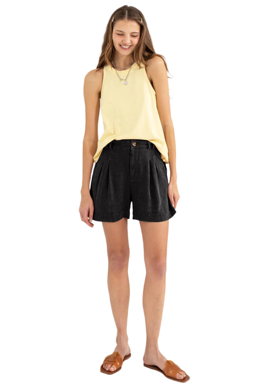 Size Medium Black High Waist Pleated Linen Shorts