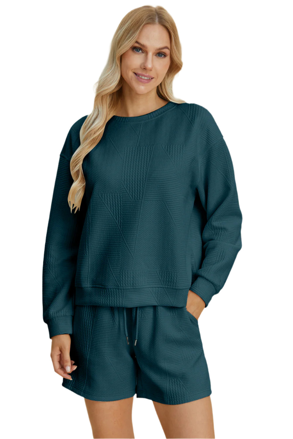 Size Small Blue Textured Long Sleeve Top and Shorts Set